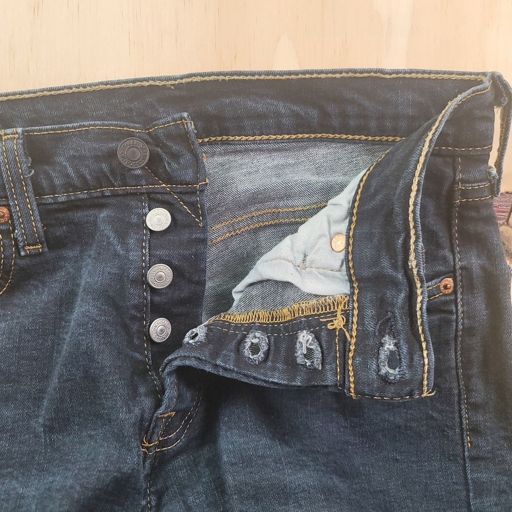 Levis 501 Mens Original Fit Blue Dark Wash Stretch Denim Button Fly Jeans 30x30 - Picture 3 of 12